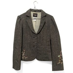 Guess Jeans Grey/Brown Wool Floral Embroidered Blazer Jacket Size Small